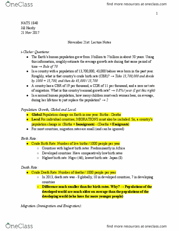 NATS 1840 Lecture Notes - Lecture 20: Population Momentum, Industrial Revolution, Mortality Rate thumbnail