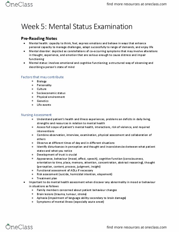 NURSING 1I02 Lecture Notes - Lecture 5: Mental Status Examination, Mental Disorder, Socioeconomic Status thumbnail