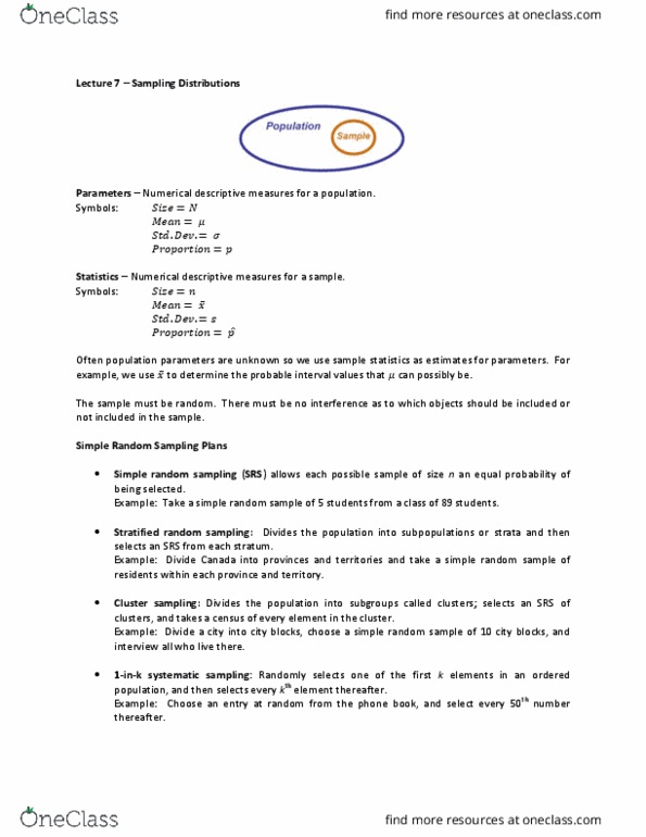 STAT 245 Lecture Notes - Lecture 27: Simple Random Sample, Cluster Sampling, Statistical Parameter thumbnail