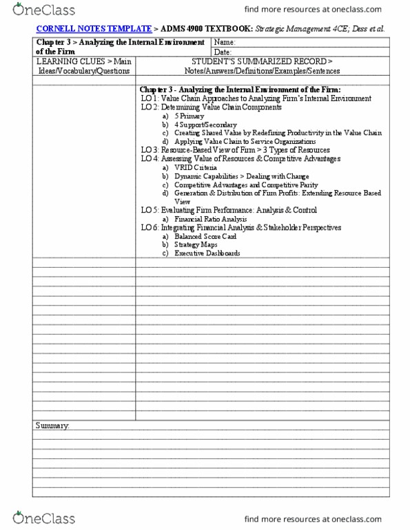 ADMS 4900 Chapter 3: ADMS 4900 Cornell Notes Textbook Chptr 3 Template thumbnail
