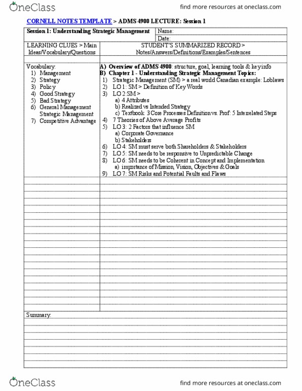 ADMS 4900 Lecture 1: ADMS 4900 Cornell Notes Lecture Session 1 Template thumbnail