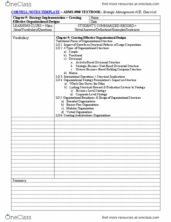 ADMS 4900 Chapter 9: ADMS 4900 Cornell Notes Textbook Chptr 9 Template thumbnail