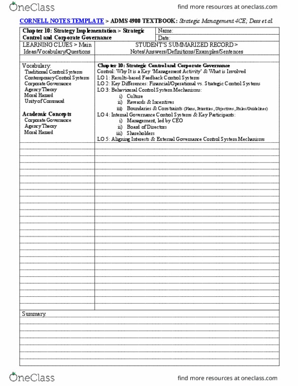 ADMS 4900 Chapter 10: ADMS 4900 Cornell Notes Textbook Chptr 10 Template thumbnail