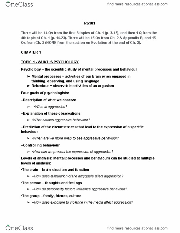 PS101 Lecture Notes - Lecture 1: Scientific Method, Amygdala, Behaviorism thumbnail