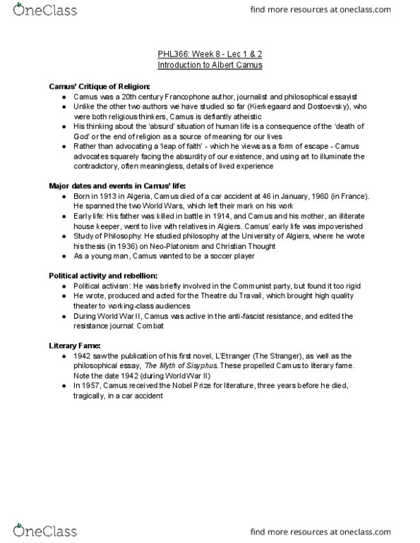 PHL 366 Lecture Notes - Lecture 15: Albert Camus, Socratic Dialogue, Existentialism thumbnail