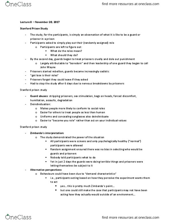 PSYC 2700H Lecture Notes - Lecture 8: Stanford Prison Experiment, Dave Eshelman, Deindividuation thumbnail