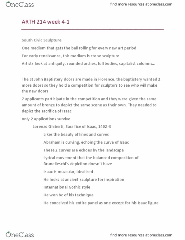 ARTH 214 Lecture Notes - Lecture 4: International Gothic, Lorenzo Ghiberti, Filippo Brunelleschi thumbnail