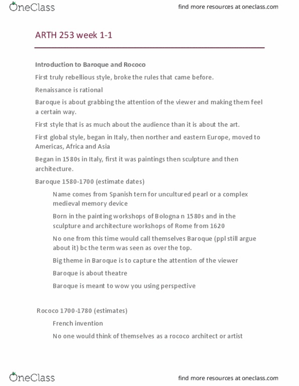 ARTH 253 Lecture Notes - Lecture 1: Gian Lorenzo Bernini, Rococo, Francesco Borromini thumbnail