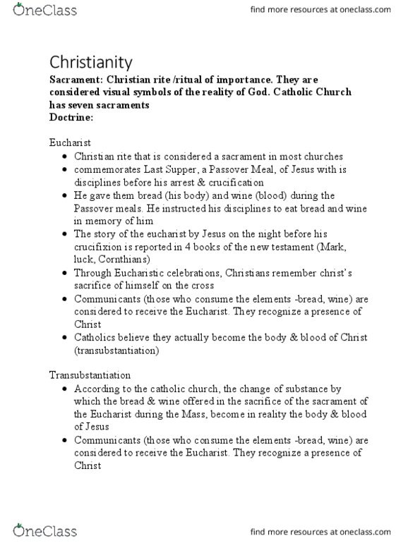 HUMA 1860 Chapter Notes - Chapter 2.1: Transubstantiation, Eucharist, Nicene Creed thumbnail