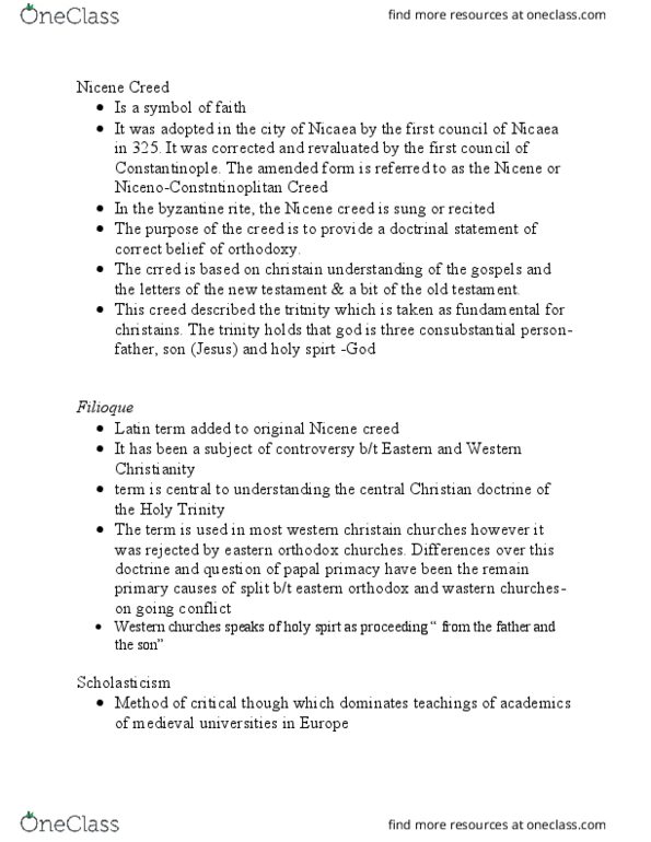 HUMA 1860 Chapter Notes - Chapter 3.4: Nicene Creed, Papal Primacy, Filioque thumbnail