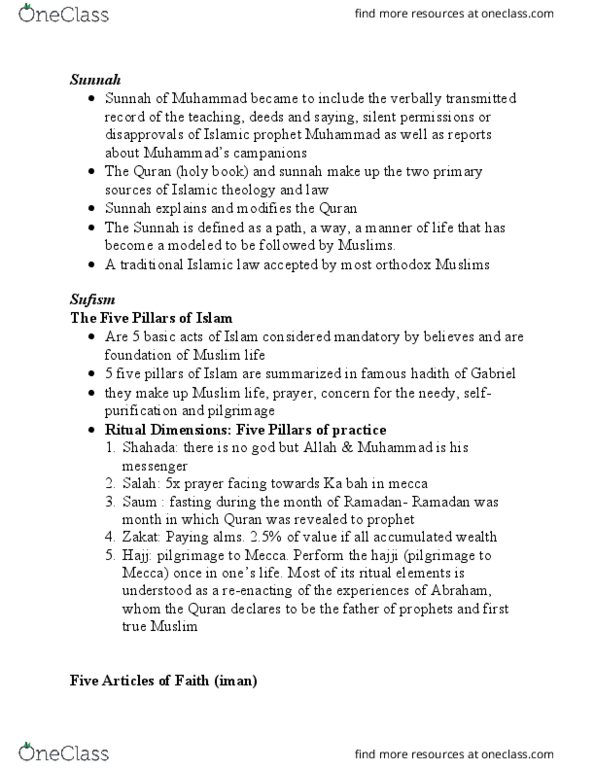 HUMA 1860 Chapter Notes - Chapter 3.6: Five Pillars Of Islam, Sunnah, Hajji thumbnail