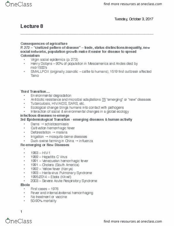 ANTHROP 1AA3 Lecture Notes - Lecture 8: Severe Acute Respiratory Syndrome, Venezuelan Hemorrhagic Fever, Hantavirus Pulmonary Syndrome thumbnail