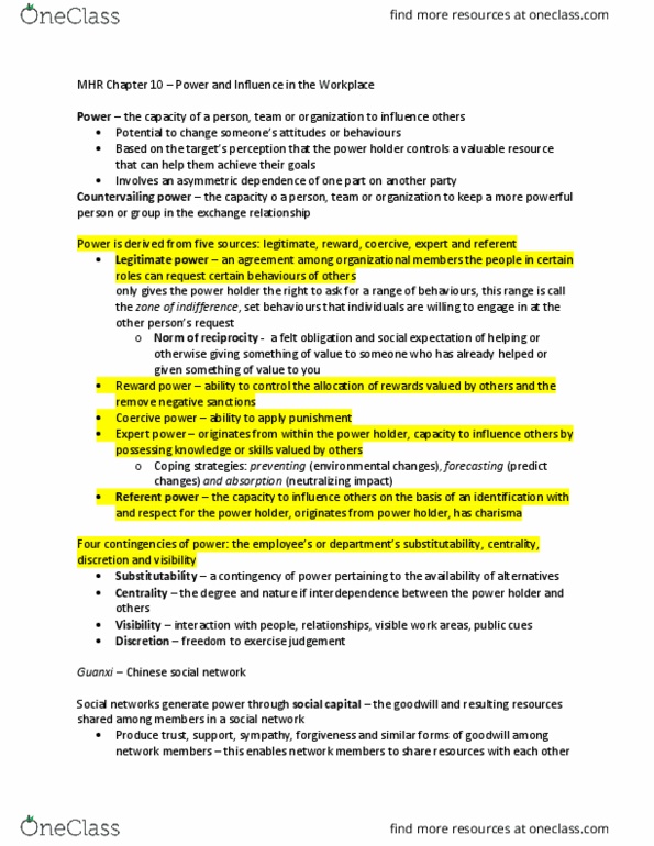 MHR 405 Chapter Notes - Chapter 10: Guanxi, Social Capital, Centrality thumbnail