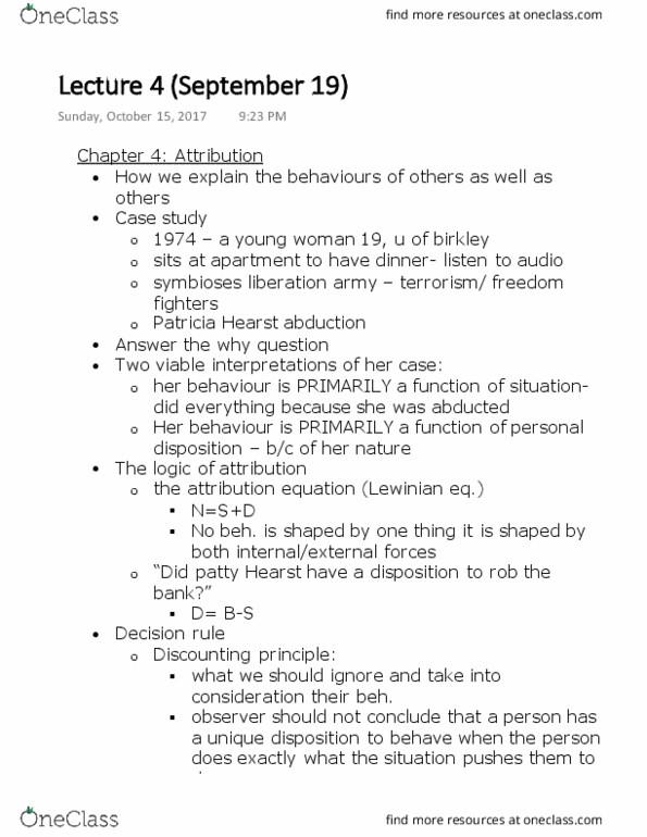 PSYC 2310 Lecture Notes - Lecture 4: Patty Hearst, Fundamental Attribution Error, Fidel Castro thumbnail