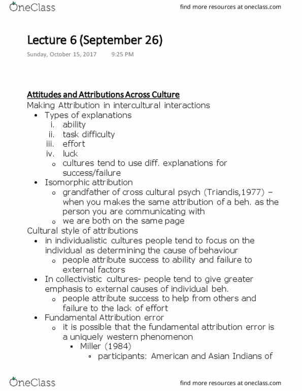 PSYC 2310 Lecture Notes - Lecture 6: Fundamental Attribution Error, Collectivism, Social Perception thumbnail