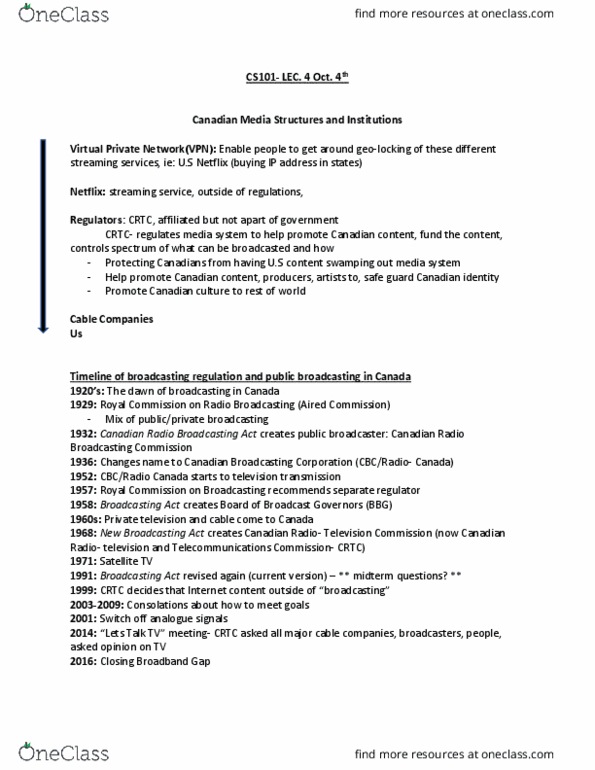 CS101 Lecture Notes - Lecture 4: Canada Media Fund, Virtual Private Network, Canadian Content thumbnail