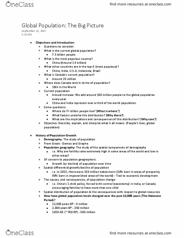 GEOG 1HA3 Lecture Notes - Lecture 4: Neolithic Revolution, Population Geography, Vasectomy thumbnail