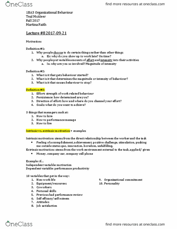 COMMERCE 1BA3 Lecture Notes - Lecture 8: Motivation, Organizational Commitment, Goal Setting thumbnail