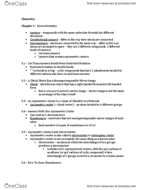 CH-2240 Lecture Notes - Lecture 5: Fischer Projection, Stereocenter, Cyclic Compound thumbnail