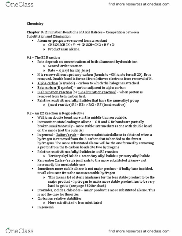 CH-2240 Lecture Notes - Lecture 9: Steric Effects, Elimination Reaction, Alpha And Beta Carbon thumbnail