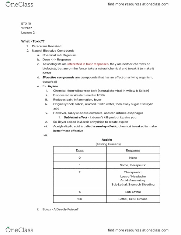 ETX 10 Lecture Notes - Lecture 2: Acetic Anhydride, Salicin, Botulinum Toxin thumbnail