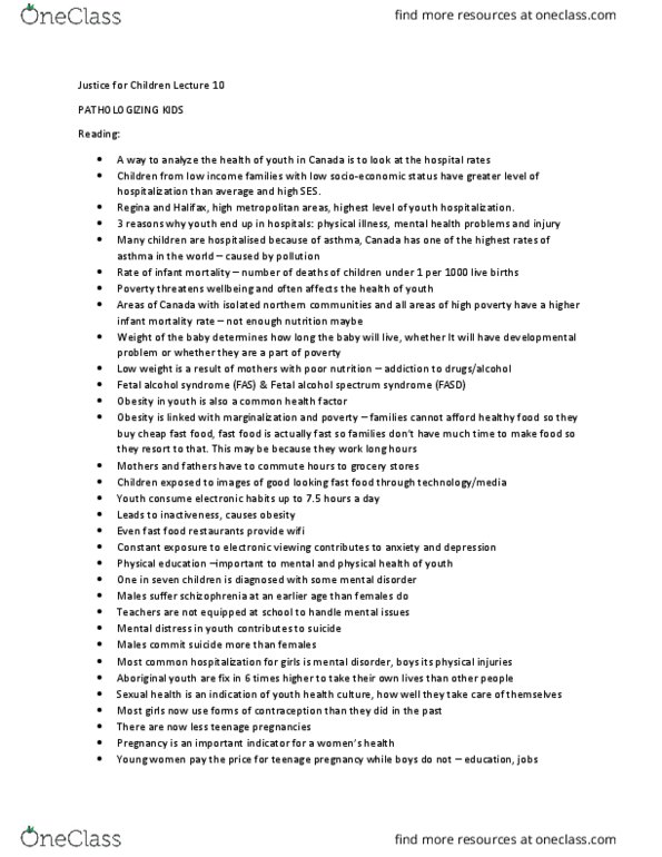 SOSC 1800 Lecture Notes - Lecture 10: Fetal Alcohol Spectrum Disorder, Teenage Pregnancy, Adolescent Health thumbnail