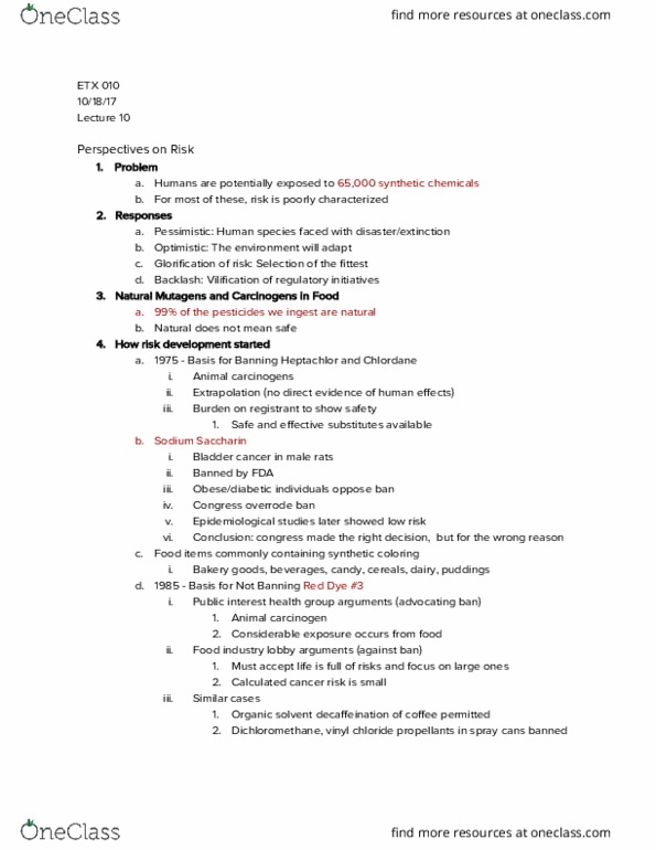 ETX 10 Lecture Notes - Lecture 10: Vinyl Chloride, Bladder Cancer, Heptachlor thumbnail