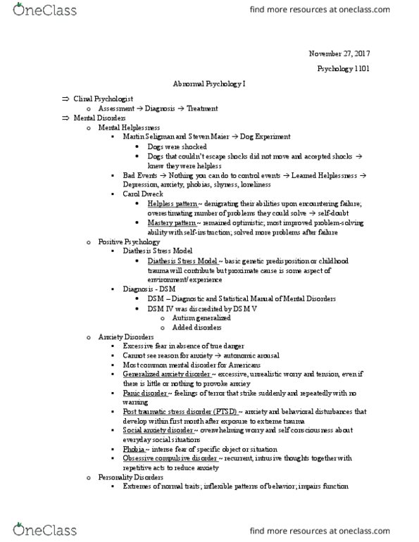PSYC 1101 Lecture Notes - Lecture 28: Posttraumatic Stress Disorder, Carol Dweck, Obsessive–Compulsive Disorder thumbnail
