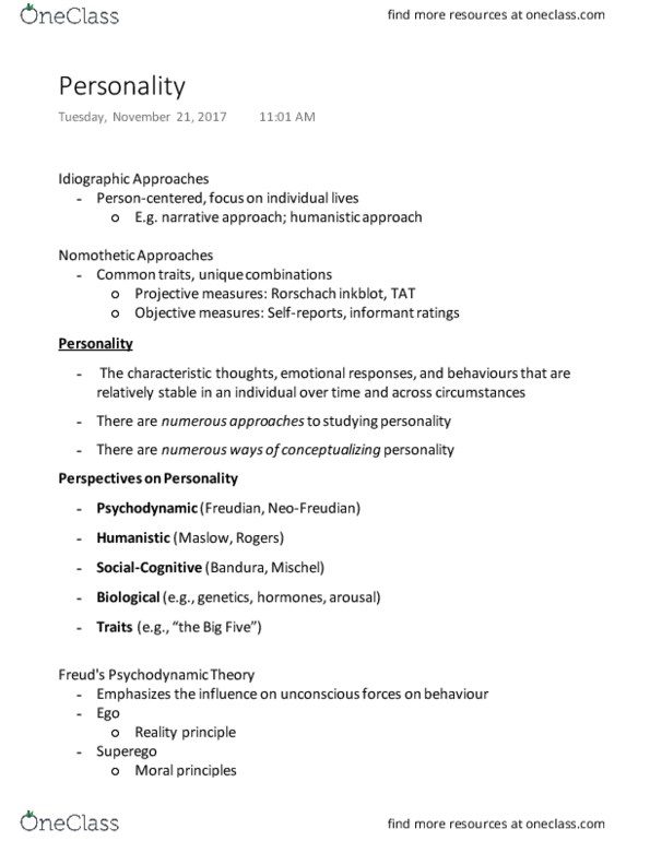 PSY100H1 Lecture Notes - Lecture 16: Defence Mechanisms, Nomothetic, Preconscious thumbnail