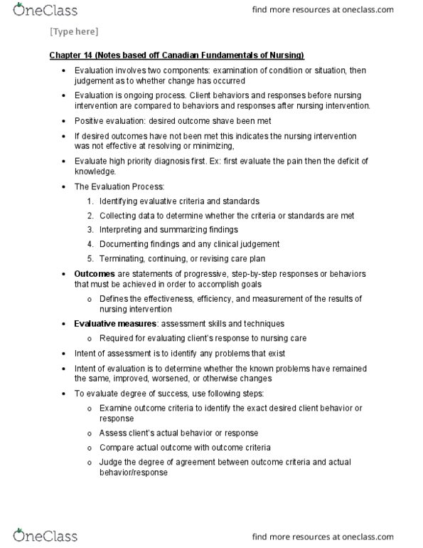 NSG 2113 Chapter 14: Chapter 14 Notes Canadian Fundamentals of Nursing thumbnail