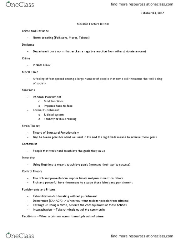 SOC100H5 Lecture 8: Lecture #8 Note: Crime and Deviance thumbnail