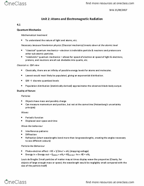 CHEM 112 Lecture Notes - Lecture 2: Louis De Broglie, Electromagnetic Radiation, Lyman Series thumbnail