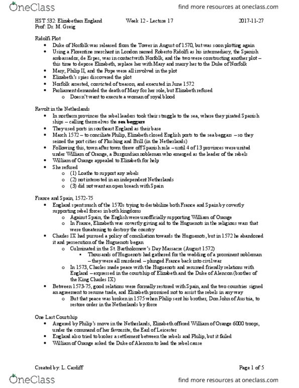 HST 532 Lecture Notes - Lecture 17: Roberto Di Ridolfi, Elizabethan Era, Ridolfi Plot thumbnail