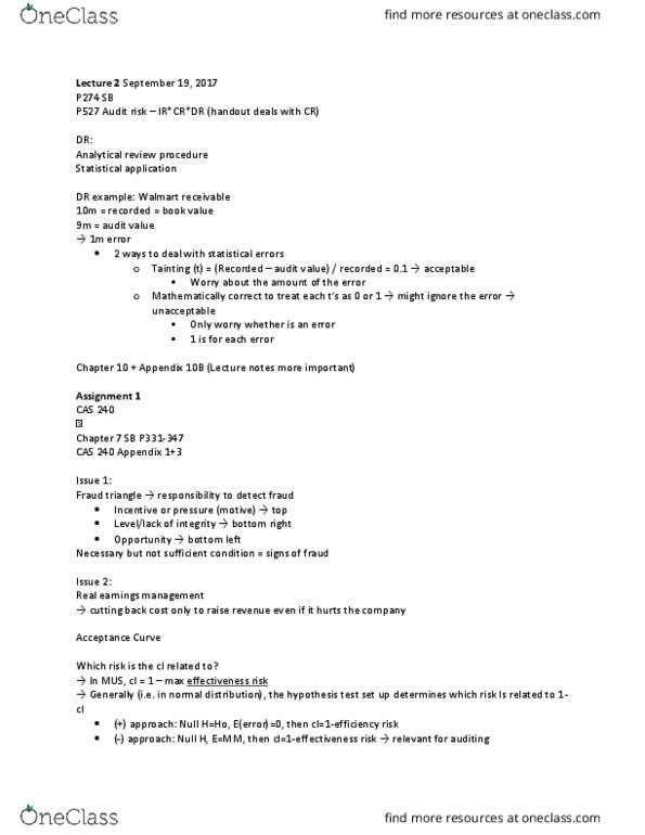 RSM423H1 Lecture Notes - Lecture 2: Mathematically Correct, Audit Risk, Analytical Review thumbnail