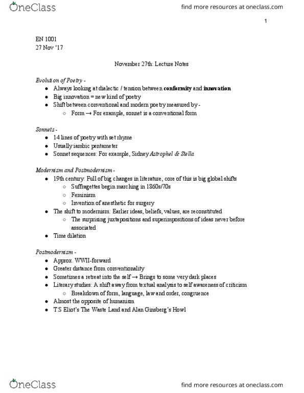 EN 1001 Lecture Notes - Lecture 12: Dialectic, The Waste Land, Time Dilation thumbnail