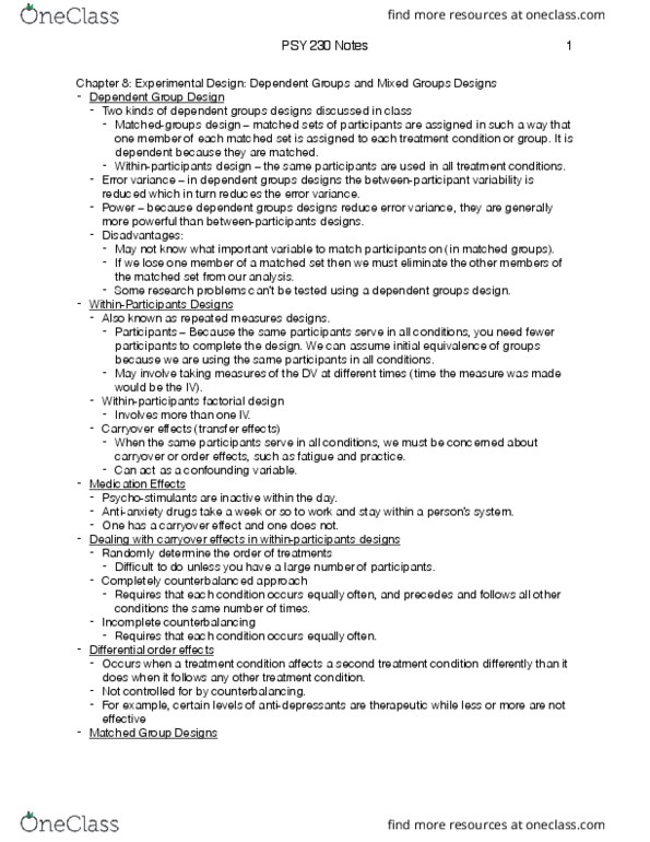 PSY 230 Lecture Notes - Lecture 2: Confounding, Factorial Experiment, Random Assignment thumbnail