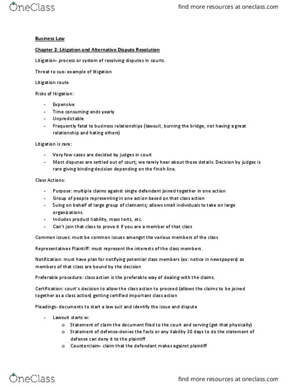 LAW 122 Lecture Notes - Lecture 1: Alternative Dispute Resolution, Counterclaim, Product Liability thumbnail