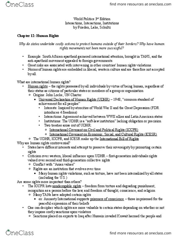 POLS 1301 Chapter Notes - Chapter 12: International Human Rights Law, Universal Declaration Of Human Rights, International Covenant On Civil And Political Rights thumbnail