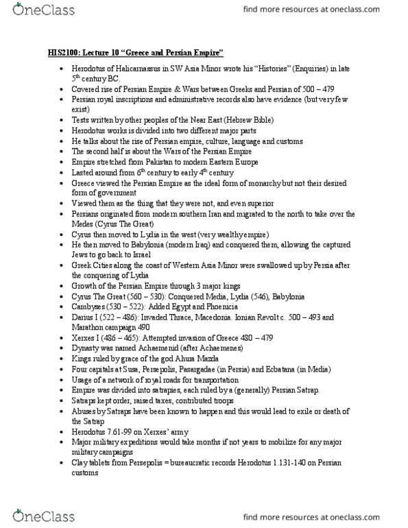 HIST 2100 Lecture Notes - Lecture 10: Ionian Revolt, Xerxes I, Pasargadae thumbnail