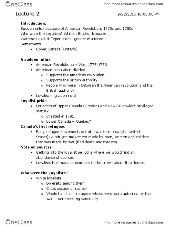 HIS312H1 Lecture Notes - Lecture 2: Lower Canada, Lake Ontario, Economic Migrant thumbnail