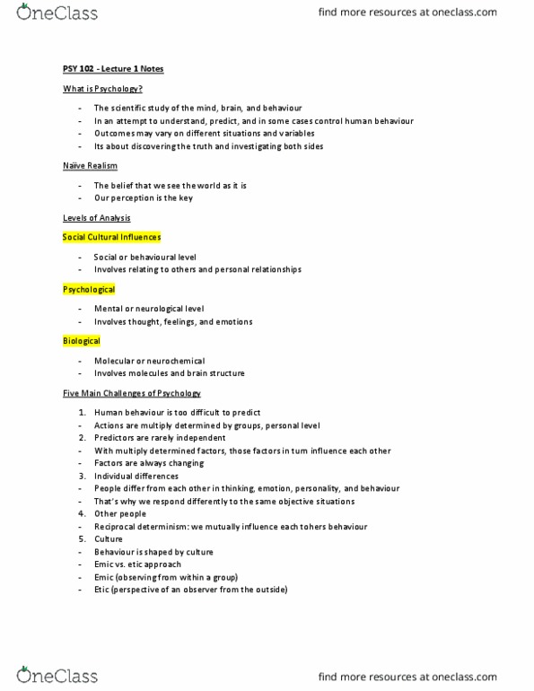 PSY 102 Lecture Notes - Lecture 1: Emic And Etic, Psy thumbnail