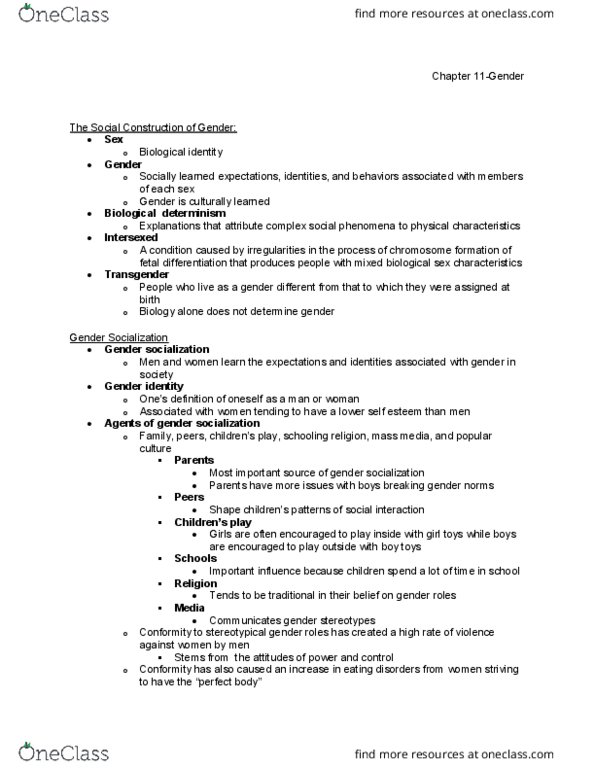 SOC 1010 Chapter Notes - Chapter 11: Gender Identity, Biological Determinism, Chromosome thumbnail