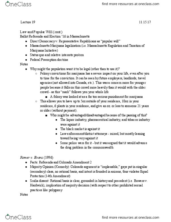 LEGAL 250 Lecture Notes - Lecture 19: Popular Will, Fourteenth Amendment To The United States Constitution, Antonin Scalia thumbnail