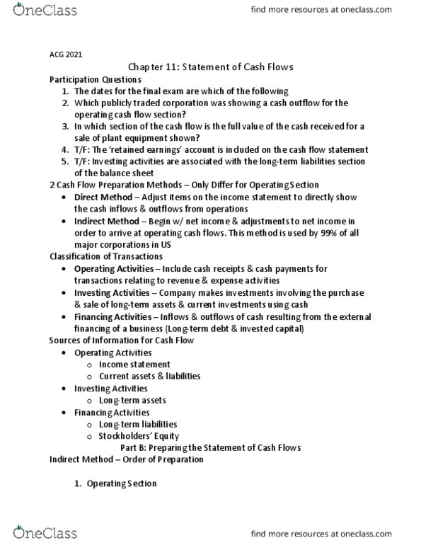 ACG 2021 Lecture Notes - Lecture 11: Operating Cash Flow, Cash Flow Statement, Cash Flow thumbnail