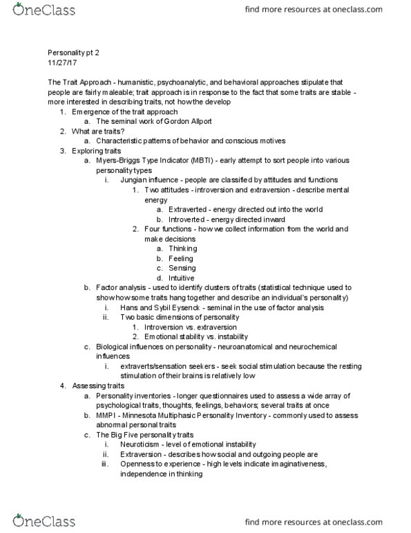 PSY 101 Lecture Notes - Lecture 18: Gordon Allport, Factor Analysis, Extraversion And Introversion thumbnail