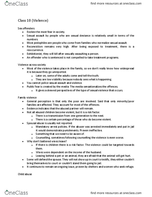 SOCI 2445 Lecture Notes - Lecture 10: Domestic Violence, Sexual Assault, Child Abuse thumbnail