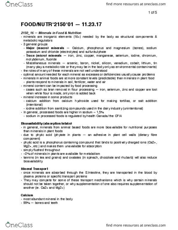 FOOD 2150 Lecture Notes - Lecture 16: Calcium Hydroxide, Bioavailability, Phytic Acid thumbnail