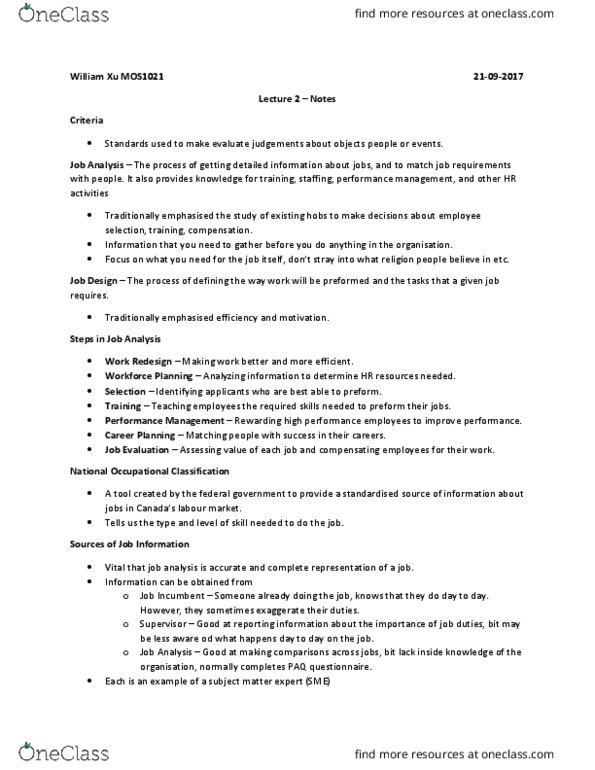 Management and Organizational Studies 1021A/B Lecture Notes - Lecture 2: Paq, Job Analysis, Job Satisfaction thumbnail