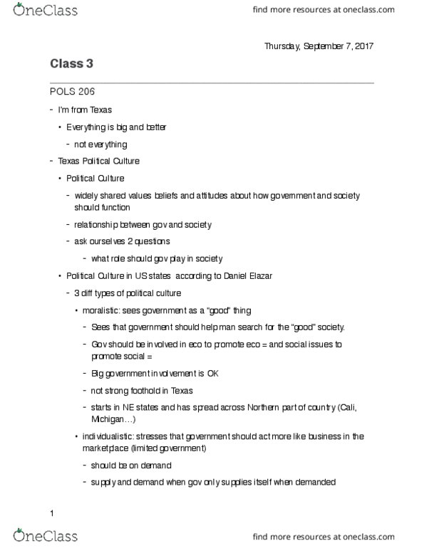 POLS 207 Lecture Notes - Lecture 3: Daniel J. Elazar, Big Government, Limited Government thumbnail