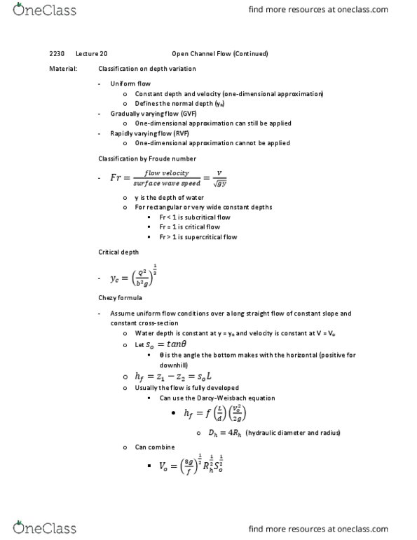 ENGG 2230 Lecture Notes - Lecture 20: Supercritical Flow, Moody Chart, Froude Number thumbnail